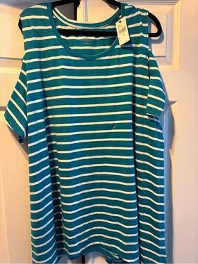 NWT Striped Teal and White Cold-Shoulder Top